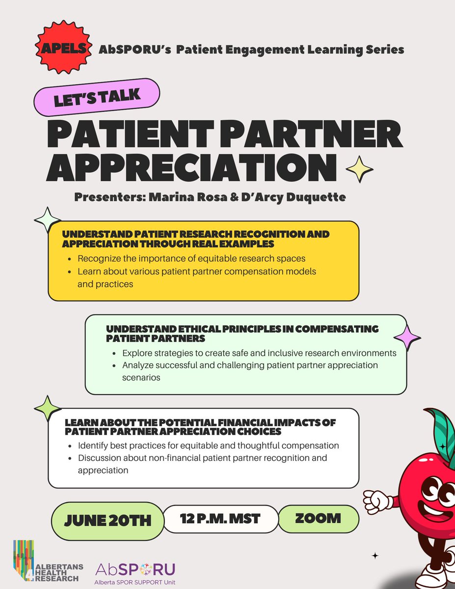 Come join us for a patient partner appreciation session. Learn all about how to include patient partners in your research, how to recognize the principles of adding them and understand compensation strategies. Register here:  shorturl.at/E2a6R
