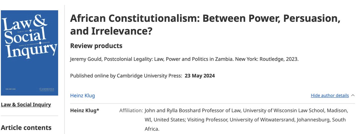 Law & Social Inquiry (@lsi_journal) on Twitter photo Transforming constitutionalism in a continent shaped by colonialism urges a new political vision. In LSI’s #FirstView, Klug (<a href="/UWMadison/">UW–Madison</a>) advocates for “recalibrating the African constitutional imagination,” citing Gould's ethnography on Zambia's struggles. rb.gy/yefvpl Transforming constitutionalism in a continent shaped by colonialism urges a new political vision. In LSI’s #FirstView, Klug (<a href="/UWMadison/">UW–Madison</a>) advocates for “recalibrating the African constitutional imagination,” citing Gould's ethnography on Zambia's struggles. rb.gy/yefvpl