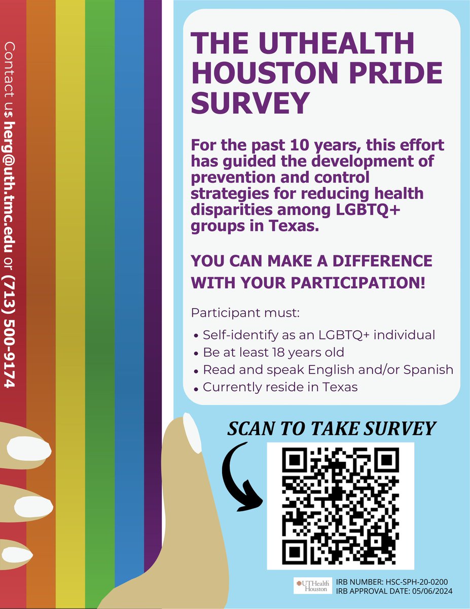 uth_herg's tweet photo. Day 13 for the UTHealth Houston 2024 PRIDE SURVEY. Thank you for participating. For those who haven't gotten a chance yet, use the links below. 
English Survey link: https://t.co/LHzJIhWIcJ
Spanish Survey link:  https://t.co/QNrVRIoXU7

#lgbtqiaplus #prideindiversity https://t.co/T3ef2ea9kU