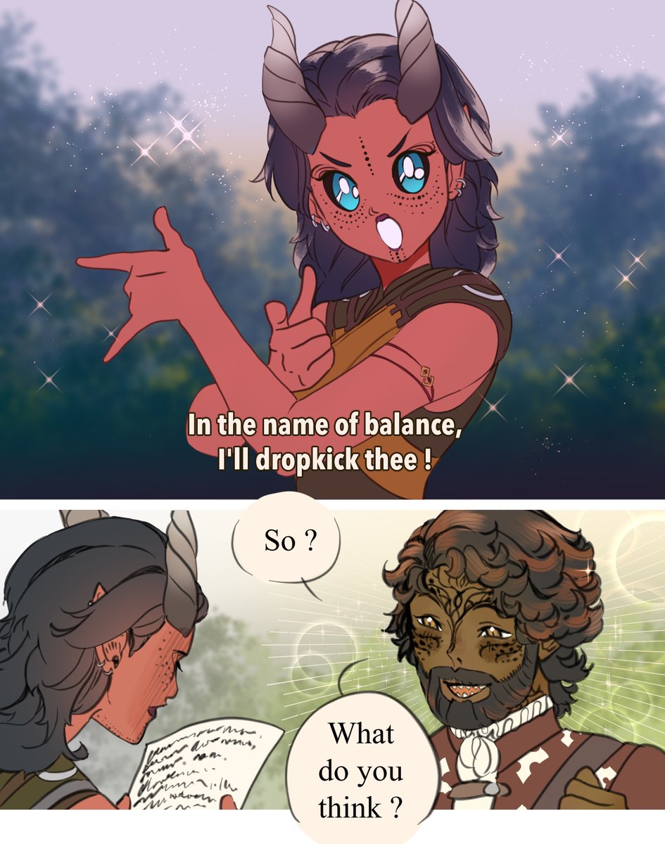 Ve15521661's tweet photo. I'm sure Nahya and Tev's adventures will be legendary ✨ #BG3tav 

(with @RamenPendragon's monk lady Nahya 😌) https://t.co/EwrX4z43DT