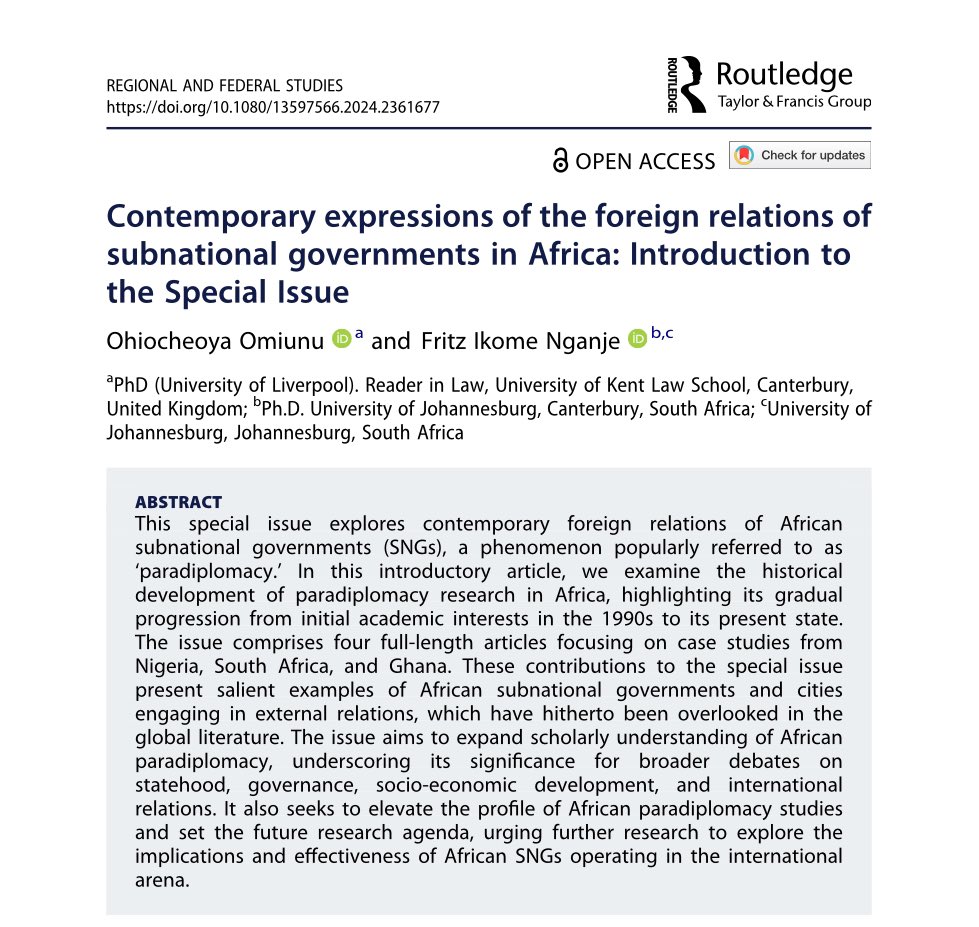 Ohio Omiunu (@ohioomiunu) on Twitter photo Excited to share the introduction to our Special Issue on African paradiplomacy. It is open access. tandfonline.com/doi/epdf/10.10…
<a href="/AniyieIfeanyic1/">Aniyie Ifeanyichukwu Azuka</a> <a href="/afronomicslaw/">Afronomicslaw</a> <a href="/KentLawSchool/">Kent Law School</a> <a href="/AfricanParadip1/">African Paradiplomacy Network</a> <a href="/NoeCornago/">Noé Cornago</a> <a href="/bisi_akins/">Olabisi D. Akinkugbe</a> <a href="/JTGathii/">James Thuo Gathii</a> <a href="/Dreseowie/">Dr. Ese Owie</a> <a href="/BobWekesa/">Job Bob Wekesa</a> <a href="/Wanjawrites/">Wanja</a> <a href="/Titi_Adebola/">Titilayo Adebola</a> Excited to share the introduction to our Special Issue on African paradiplomacy. It is open access. tandfonline.com/doi/epdf/10.10…
<a href="/AniyieIfeanyic1/">Aniyie Ifeanyichukwu Azuka</a> <a href="/afronomicslaw/">Afronomicslaw</a> <a href="/KentLawSchool/">Kent Law School</a> <a href="/AfricanParadip1/">African Paradiplomacy Network</a> <a href="/NoeCornago/">Noé Cornago</a> <a href="/bisi_akins/">Olabisi D. Akinkugbe</a> <a href="/JTGathii/">James Thuo Gathii</a> <a href="/Dreseowie/">Dr. Ese Owie</a> <a href="/BobWekesa/">Job Bob Wekesa</a> <a href="/Wanjawrites/">Wanja</a> <a href="/Titi_Adebola/">Titilayo Adebola</a>