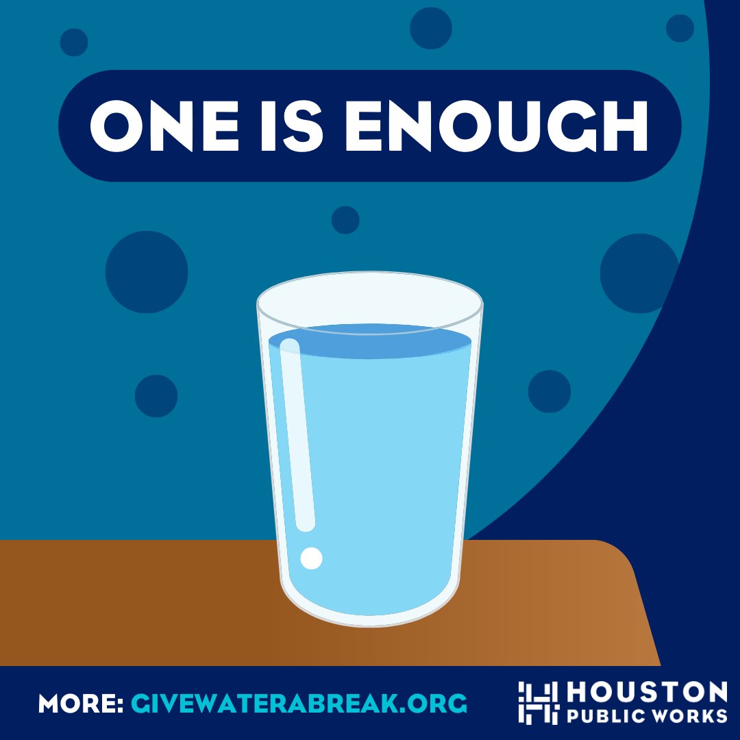 HouPublicWorks's tweet photo. Reminder: one glass for your drinking water is enough! You can help #GiveWateraBreak by using the same glass or bottle throughout the day instead of a new one each time you drink #HouWater. For more water saving tips, visit: https://t.co/O8RpCOIKNF https://t.co/ouaUAsvtB2