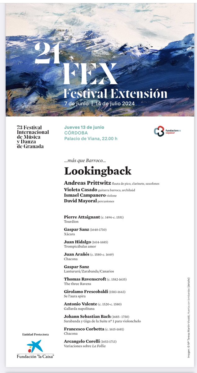 amoral07's tweet image. Hoy el FEX nos trae hasta el Palacio de Viana de #Córdoba, sede de la Fundación @cajasur, por primera vez en la historia del @FestivalGranada. De los 12 patios del palacio, el de las Columnas acogerá un programa barroco trufado con jazz por  #Lookingback de #AndreasPrittwitz.