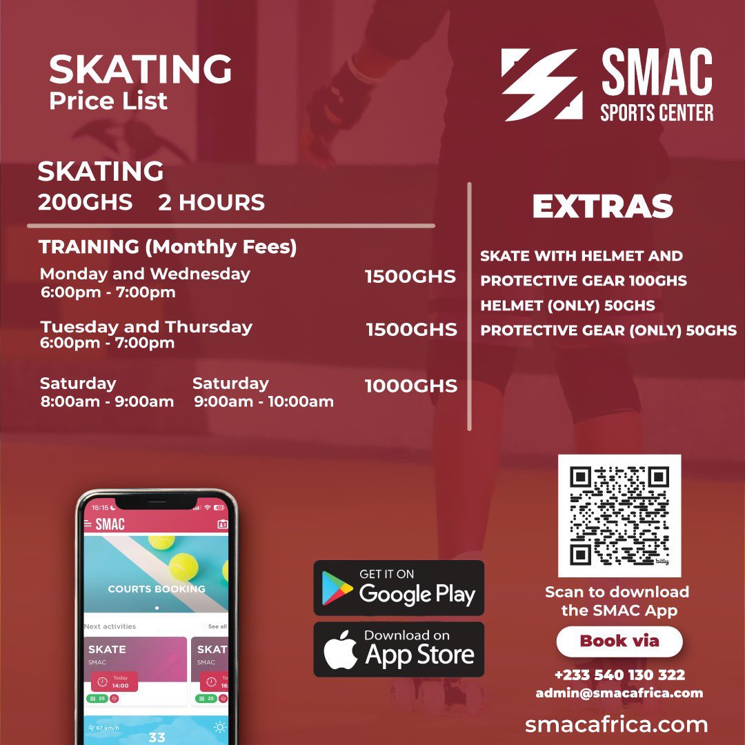 SmacSportsCntr's tweet photo. 𝗦𝗞𝗔𝗧𝗜𝗡𝗚 𝗟𝗘𝗦𝗦𝗢𝗡𝗦 𝗜𝗡 𝗔𝗖𝗖𝗥𝗔

We’ve got skating lessons now at SMAC Sports Centre ! 

Download the SMAC Sports Center app now to join the action! 📲 

#SkatingLessons #SMACSportsCenter https://t.co/qec1l7BMun