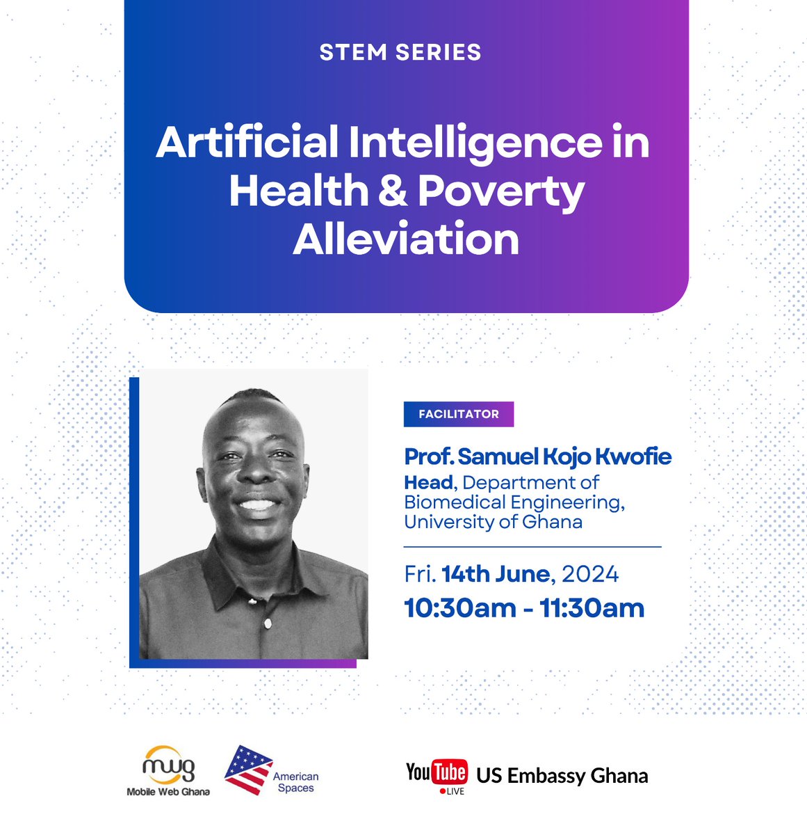 GSBE_UGlocal's tweet photo. US Embassy Ghana is inviting you to a scheduled ZoomGov meeting.

Join ZoomGov Meeting
https://t.co/4sqmbyh9aZ

Topic: Artificial Intelligence in Health and Poverty Alleviation
Time: Jun 14, 2024 10:00 AM Universal Time UTC

Meeting ID: 160 351 7895
Passcode: 317586

#STEMSeries https://t.co/TAKx2ADYFS