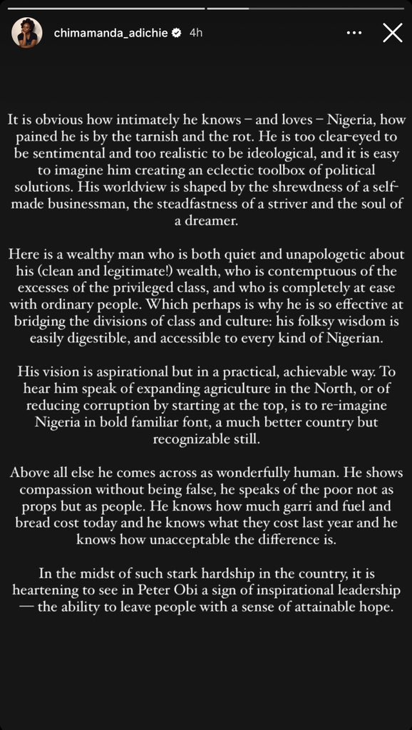 Uptownoflagos's tweet photo. Probably so touched deeply about Obi’s recent genuine outing on Arise TV, Global literature Giant Chimamanda Ngozi Adichie picks up her pen and crafts out this honest deep feelings on Peter Obi. 

U could tell this came from her heart. ❤️💔😭

READ. https://t.co/rrEVhvYfXw