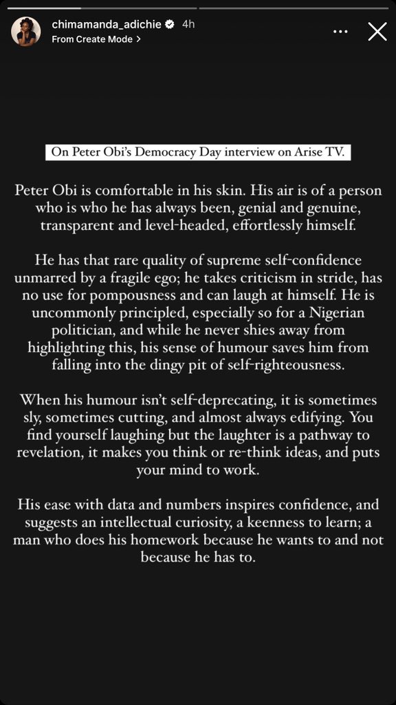Uptownoflagos's tweet photo. Probably so touched deeply about Obi’s recent genuine outing on Arise TV, Global literature Giant Chimamanda Ngozi Adichie picks up her pen and crafts out this honest deep feelings on Peter Obi. 

U could tell this came from her heart. ❤️💔😭

READ. https://t.co/rrEVhvYfXw