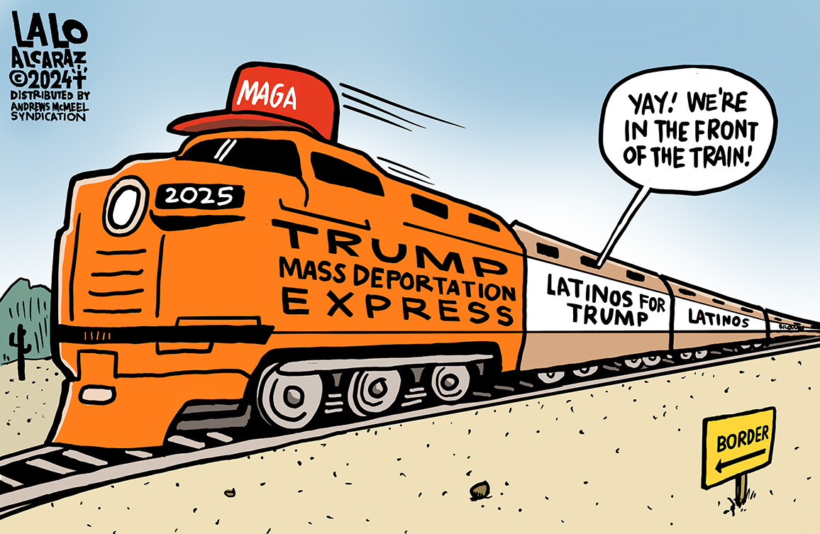 Latinos For Trump are celebrating their spot on the Trump Train! Unfortunately it is on the Project 2025 Mass Deportation Train! Please share #laloalcaraz cartoons!