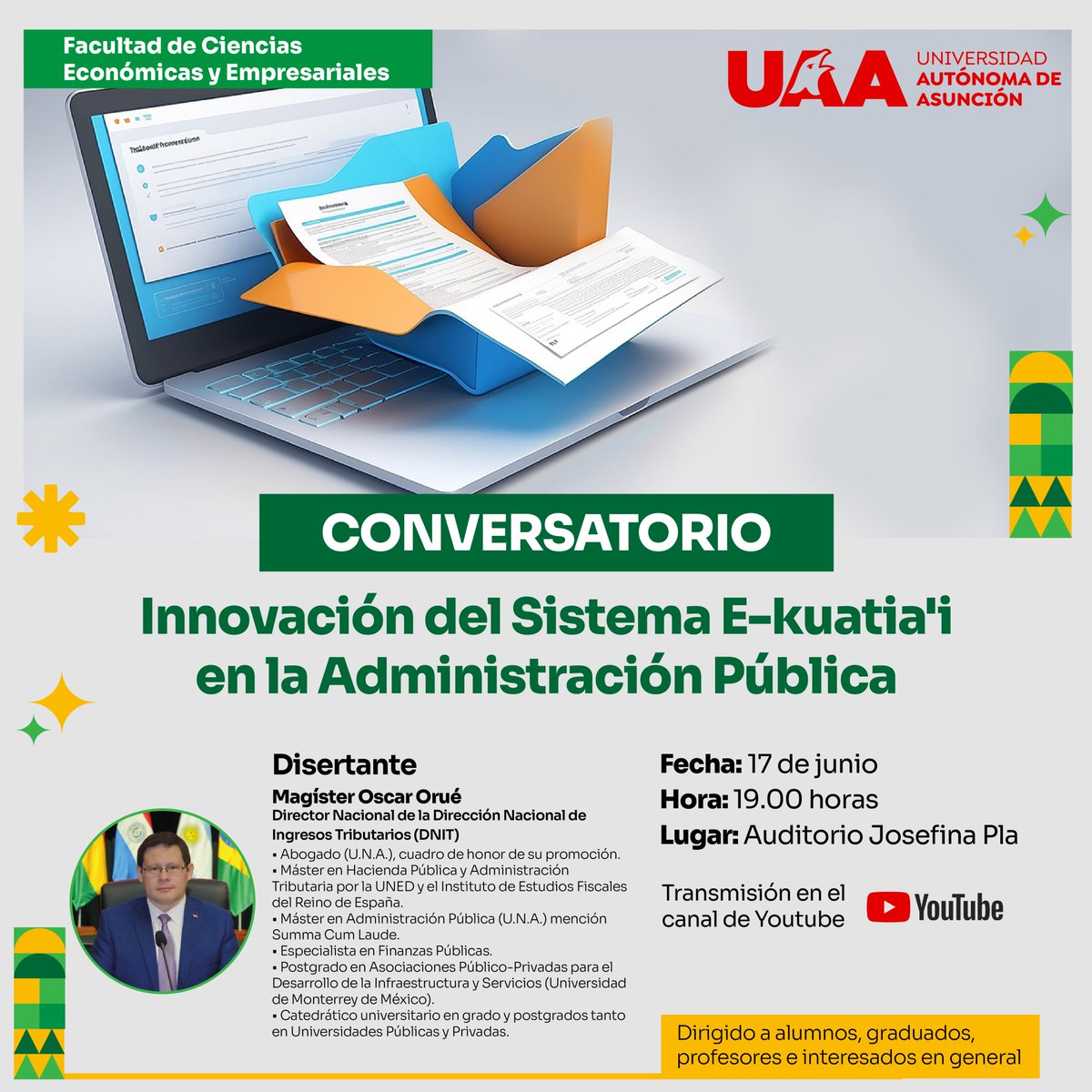 uaapy's tweet image. "Innovación del sistema E-Kuatia'i en la administración pública". Este evento contará con la presencia del destacado Magister Oscar Orué, quien compartirá su conocimiento y visión sobre las últimas tendencias y avances en la digitalización gubernamental

#UaaPY #OrgulloUAA