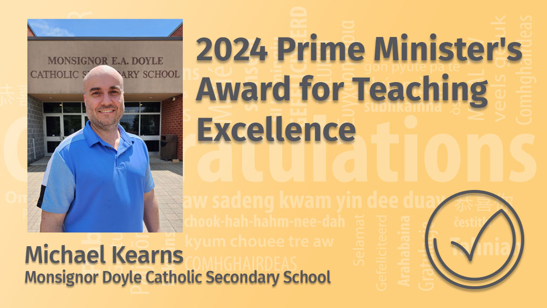 Waterloo Catholic DSB (@waterloocdsb) on Twitter photo We are so proud of Michael Kearns, teacher at <a href="/MonDoyleCSS/">Monsignor Doyle</a> for receiving the Prime Minister's Award for Teaching Excellence, 2024! 🎉 His dedication and creativity in teaching make a huge impact. Join us in congratulating him! #TeachingExcellence #PMAwards #WCDSBStrengthen We are so proud of Michael Kearns, teacher at <a href="/MonDoyleCSS/">Monsignor Doyle</a> for receiving the Prime Minister's Award for Teaching Excellence, 2024! 🎉 His dedication and creativity in teaching make a huge impact. Join us in congratulating him! #TeachingExcellence #PMAwards #WCDSBStrengthen