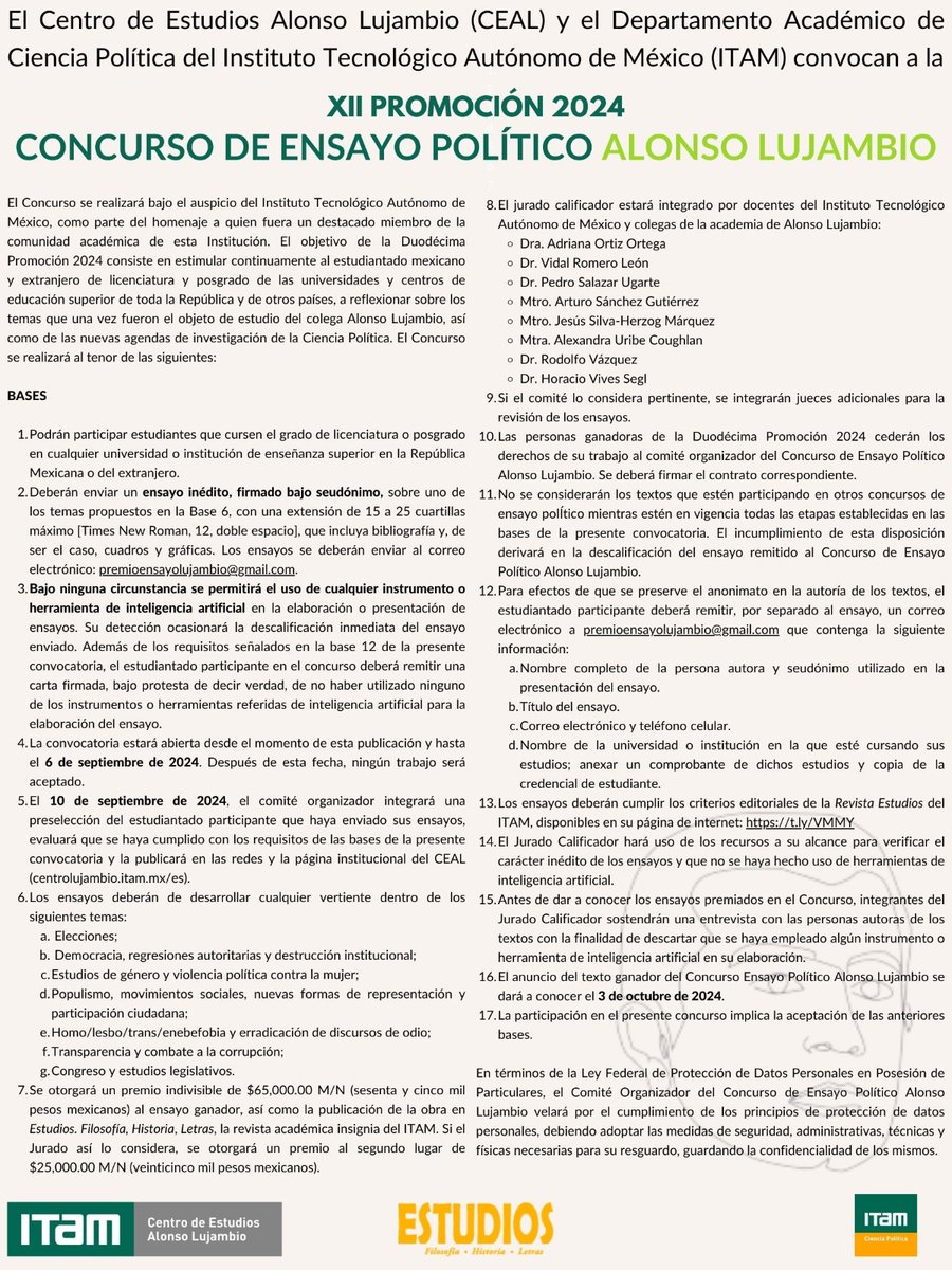 📢 <a href="/PremioALujambio/">Premio A. Lujambio</a> <a href="/CPoliticaITAM/">CienciaPolítica ITAM</a> <a href="/ITAM_mx/">ITAM</a> 2024 <a href="/LujambioAlonso/">Alonso Lujambio</a> ✒️
¿Nos ayudan con difusión entre sus estudiantes?
<a href="/AMGFLDL/">Ana González</a> <a href="/juanpm2002/">JP Micozzi ⭐⭐⭐</a> <a href="/felcurco/">Felipe</a> <a href="/vidalromero_/">Vidal Romero</a> <a href="/polprof13/">Alexandra Uribe (ella/she)</a> <a href="/DeniseDresserG/">Denise Dresser</a> <a href="/HLarreguy/">Horacio Larreguy</a> <a href="/alucardi1/">Adrián Lucardi</a> <a href="/almorenoal/">Alejandro Moreno</a>   <a href="/AlbertoSimpser/">Alberto Simpser</a> <a href="/emagar/">6ricma9ar</a> <a href="/jicito/">José Ignacio Lanzagorta</a> <a href="/HVivesSegl/">Horacio Vives Segl</a>
Límite 6/Sep
