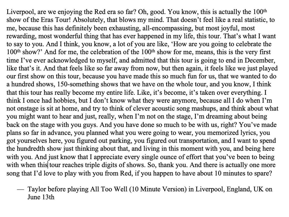 💬| Taylor's full speech confirming that The Eras Tour is ending in December and how it's become her entire life. 

Via <a href="/tay13bae/">j ❤️‍🔥</a>