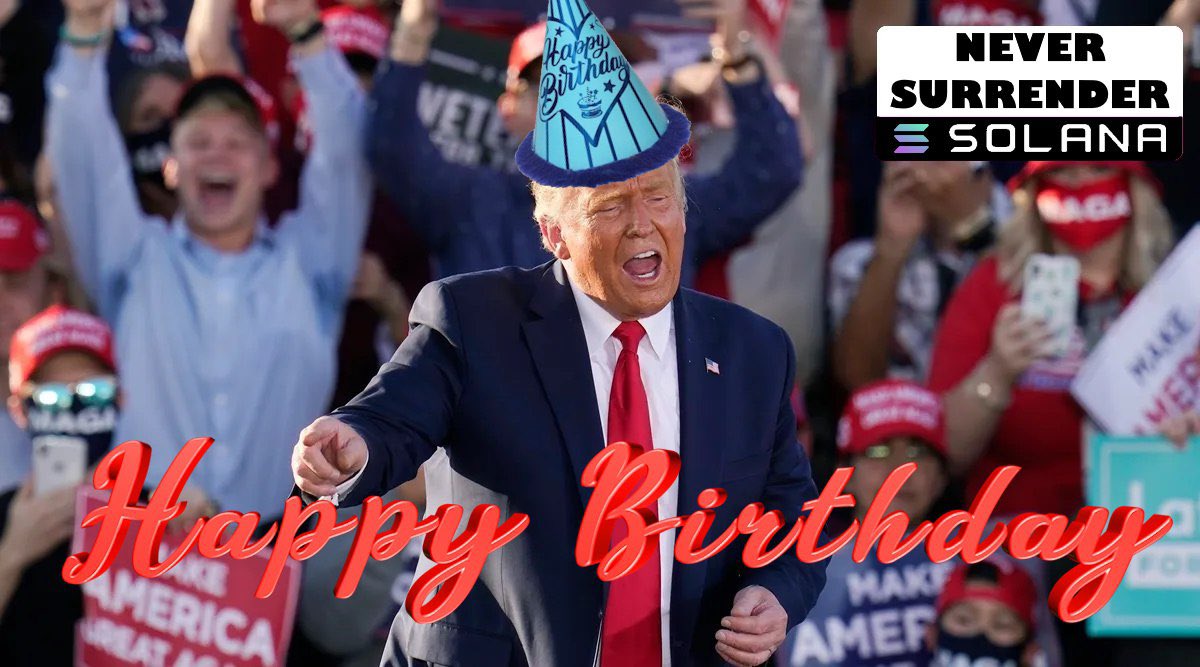 SurrenderCTO's tweet photo. Happy 78th Birthday Trump!! Pop those bottles in the club tonight and NEVER SURRENDER!! 

Trump's party live stream on youtube in 25 hours
https://t.co/5NUBcshuiX https://t.co/Wqx8gAtx7Z