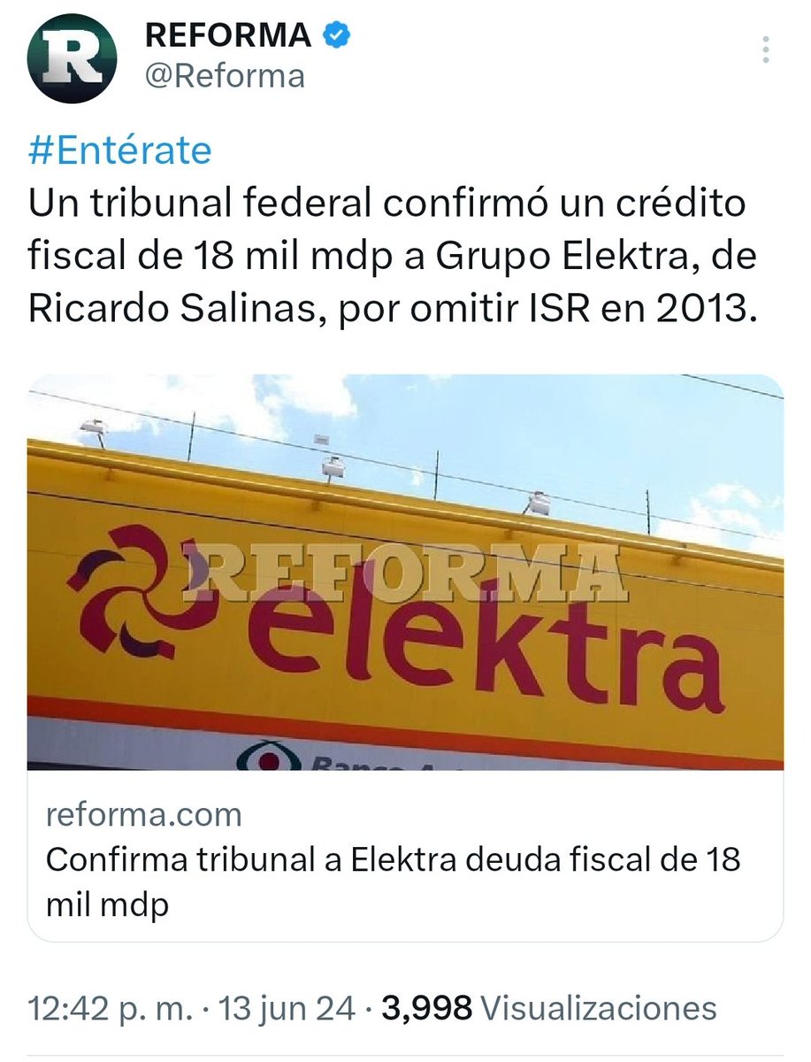 catrina_nortena's tweet photo. #ULTIMAHORA 
🚨 GOLPE MORTAL a #Elektra de Grupo Salinas

TENDRÁ QUE PAGAR 18 MIL MDP por omitir ISR en 2013, fue lo que dictaminó un tribunal federal.

El #PlanC y la Voluntad del Pueblo ya están en marcha... https://t.co/VuWCHeaIXi