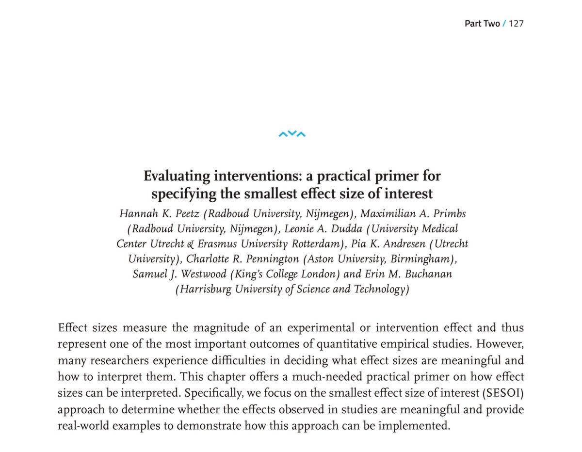 Our chapter* "Evaluating interventions: a practical primer for specifying the smallest effect size of interest" is included in the section:

👩🏻‍🤝‍👨🏿How to improve the evidence-to-policy pipeline (2/3)

<a href="/HannahPeetz/">Hannah Peetz</a> @MaxPrimbs <a href="/DuddaLeonie/">Leonie Dudda</a> <a href="/pk_andresen/">Pia Andresen</a> <a href="/westwoodsam1/">Sam Westwood</a> <a href="/aggieerin/">Dr. Erin Buchanan</a>