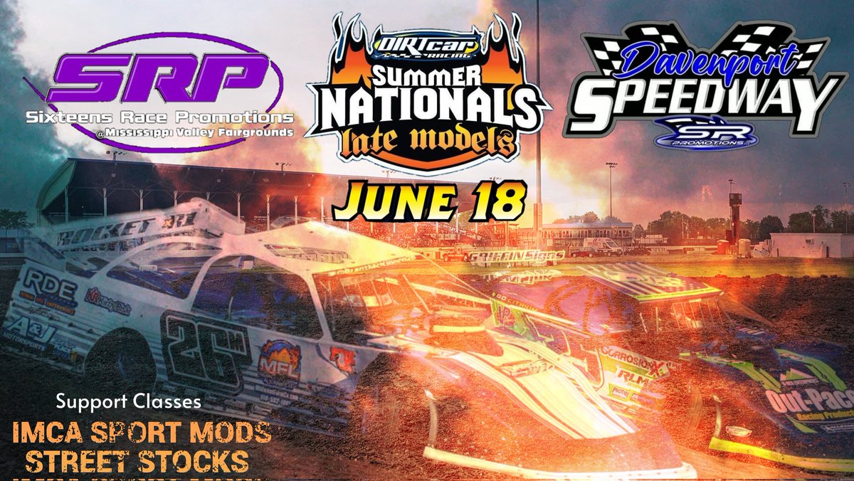 SixteensRacePro's tweet photo. We are 5️⃣ days away from the return of the @SummerNationals #HellTour Late Models at Davenport Speedway presented by @SixteensRacePro Tuesday, June 18th. Also in action will be @IMCA_racing Sport Mods and Street Stocks. https://t.co/kYqpQ0PIZ4