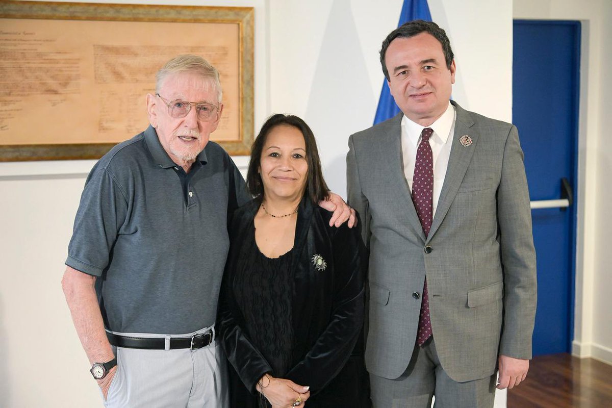 albinkurti's tweet photo. Ambassador William Walker is among the greatest friends our country has. He was one of the first international figures to visit the massacre sites as Head of the Kosova Verification Mission, documenting the atrocities occurring in Kosova in 1998. When he entered Reçak, he saw the bodies of 45 Albanians who had been killed by Serbian forces in this village. The events in Kosova took place before the era of social media, so without the will and integrity of people and organizations like Ambassador Walker and the OSCE, history might have taken an even more dire turn. In our darkest times, he announced to the world the full and unvarnished truth about the Milosevic regime. This is also why his work is a fundamental contribution to human rights and why we were honored to have him as a special guest for the 25th anniversary of our liberation.