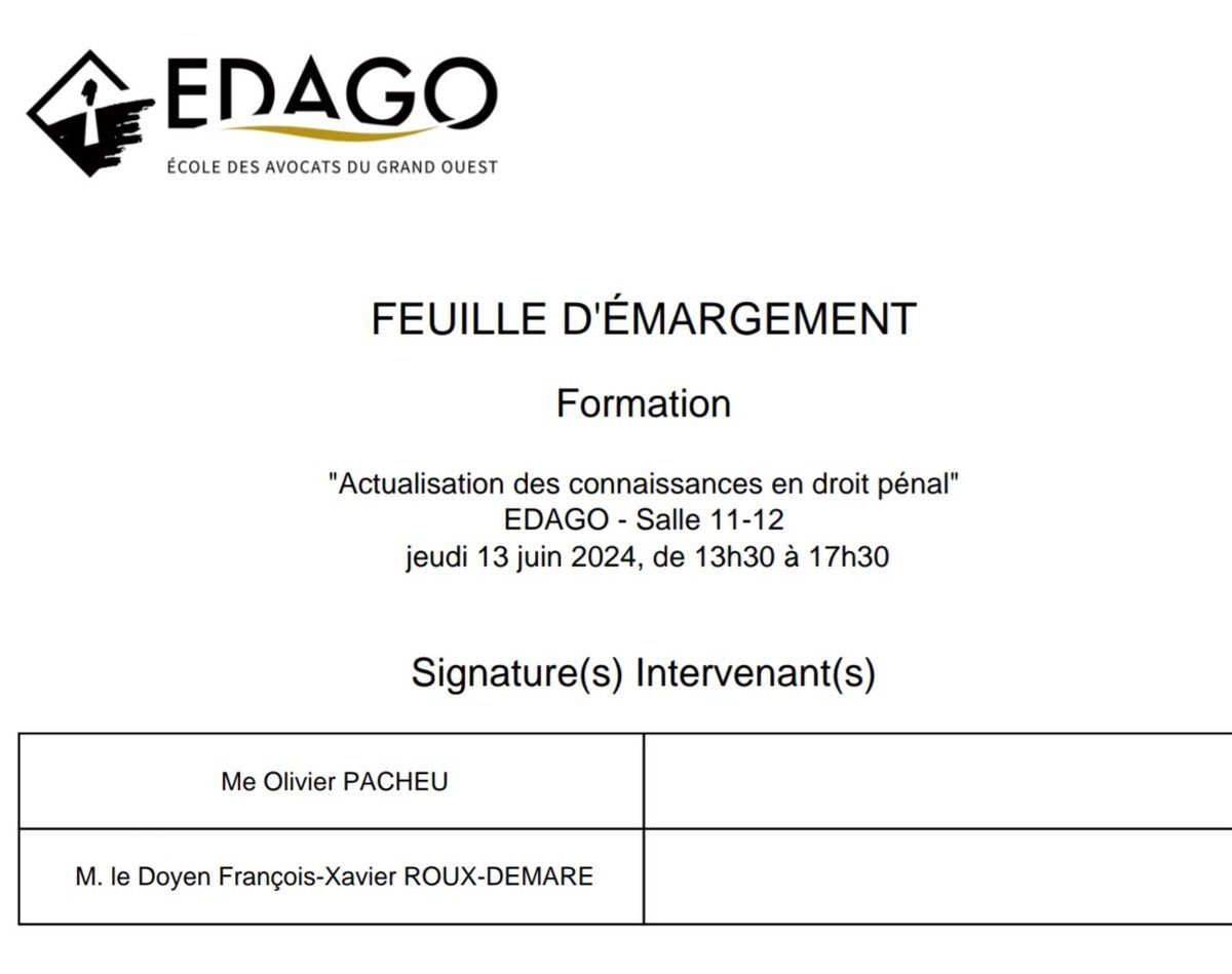 Passage à Rennes à l'Ecole des avocats @EDAGrandOuest pour parler évolution législative et jurisprudentielle en sciences criminelles

Formation dispensée avec <a href="/OlivierPacheu/">Olivier Pacheu</a> 

#Droit #pénal 
#droitpénal