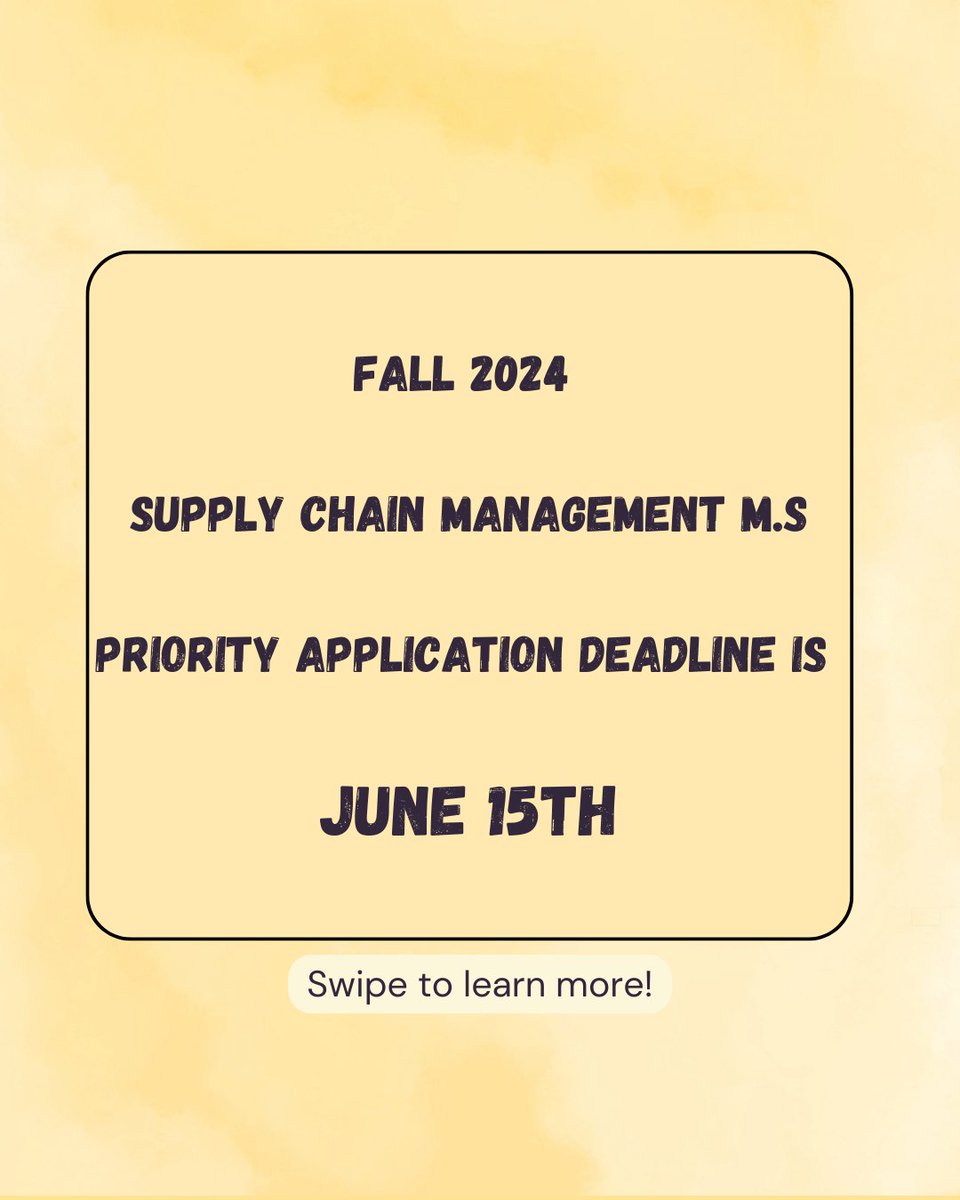 TUSupplyChain's tweet photo. The Masters in Supply Chain Management Fall 2024 priority applications are due on June 15th. Swipe for more information and to know how to apply.

#Towson #towsonuniversity #supplychainmanagement #towsonsupplychain https://t.co/a64BVg6hv1