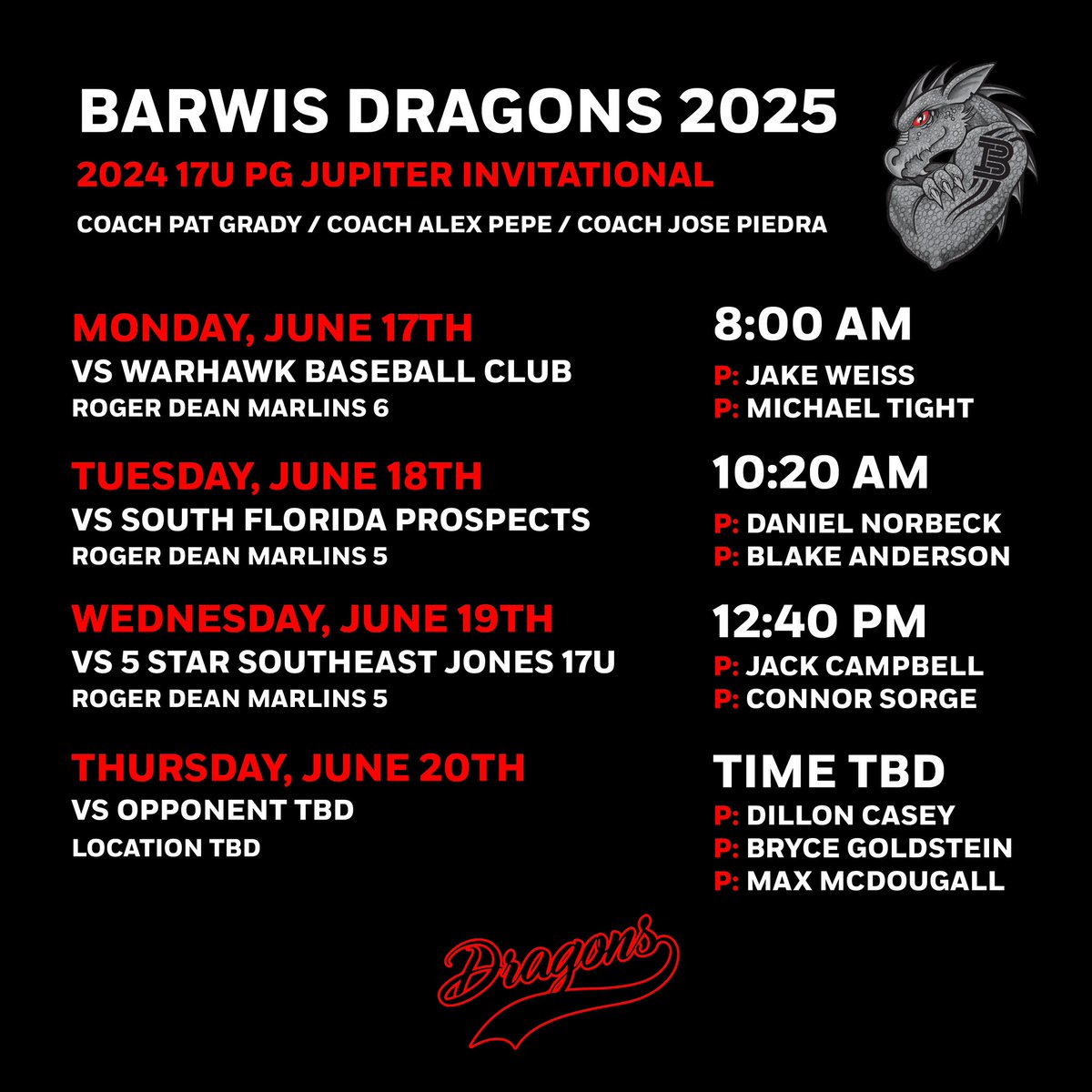 Here is our schedule and pitching rotation for the <a href="/PG_Tourney/">Perfect Game Tournaments</a> Jupiter Invitational.