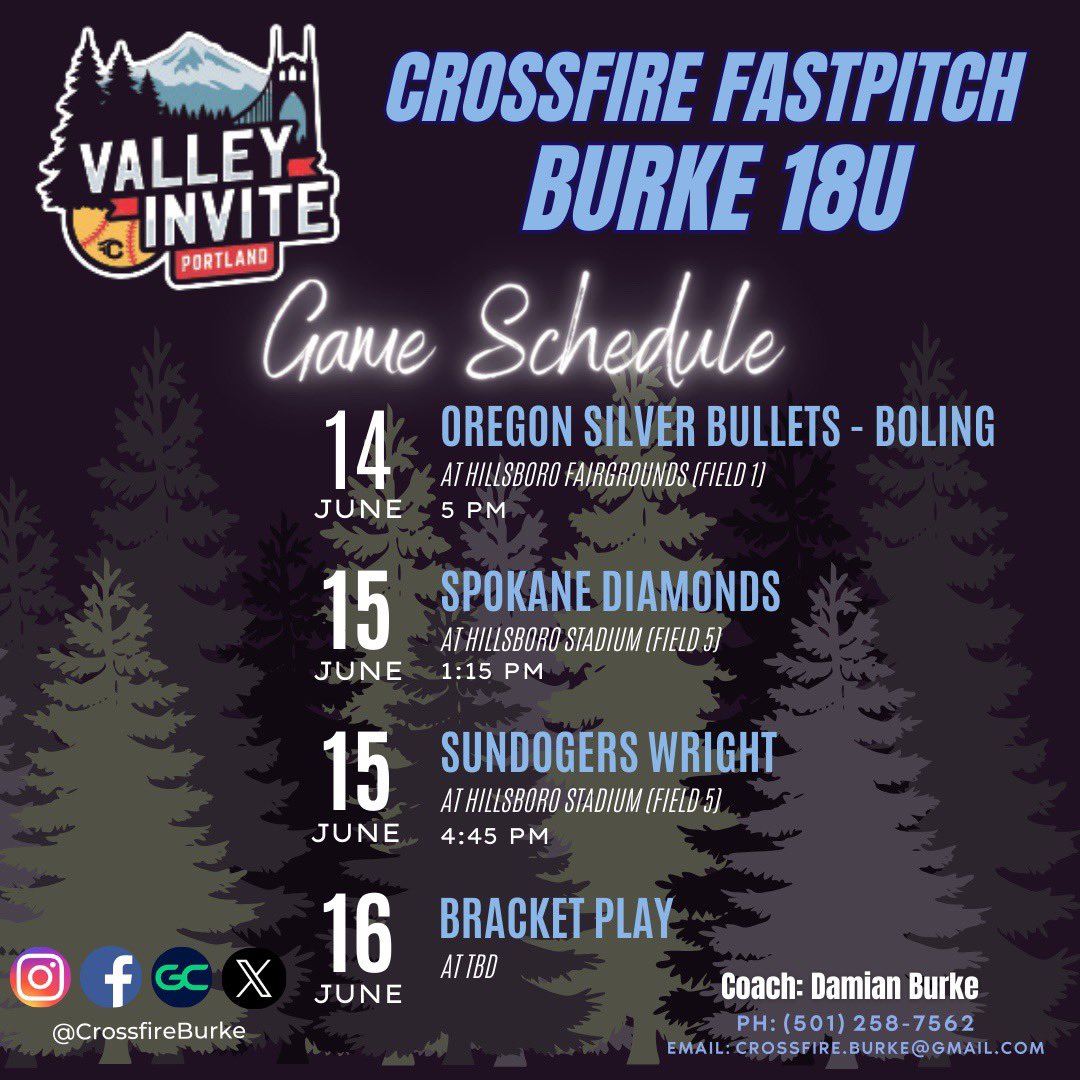 Crossfire Fastpitch Burke (@crossfireburke) on Twitter photo Next up! This weekend we are at the <a href="/TCSFastpitch/">TC Fastpitch</a> Valley Invite in Hillsboro, OR. Come watch us play or follow us live! Next up! This weekend we are at the <a href="/TCSFastpitch/">TC Fastpitch</a> Valley Invite in Hillsboro, OR. Come watch us play or follow us live!