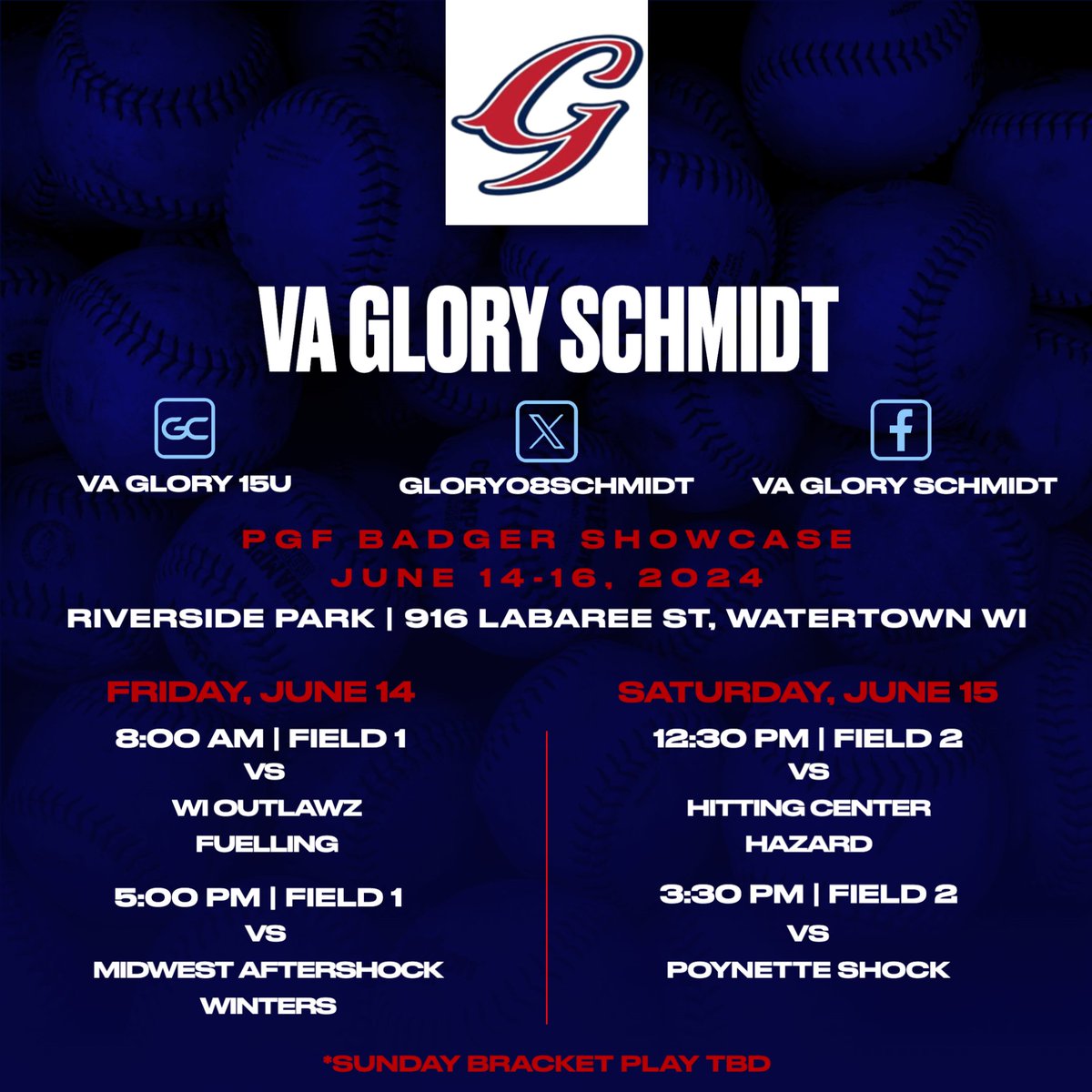 Our schedule for the PGF Badger Showcase this weekend in Watertown, Wisconsin 🥎 

GameChanger Livestream ⬇️
web.gc.com/.../NfQOO4CFCG…