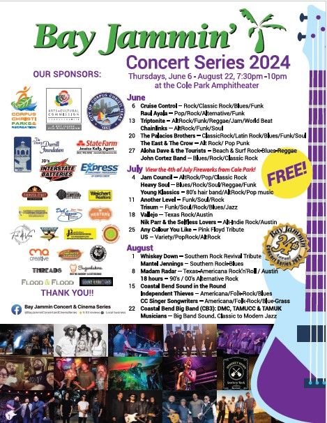 CalendarCC's tweet photo. Come enjoy free live music tonight at the Bay Jammin Summer Concert at Cole Park! The Chainlinks and Triptonite will be playing AltRock/Funk/Reggae for y'all to enjoy.
INFO: https://t.co/9UOnzHTEdu
#ccevents #bayjammin #corpuschristi #music #colepark #cceventscalendar https://t.co/PeLwMU85Un