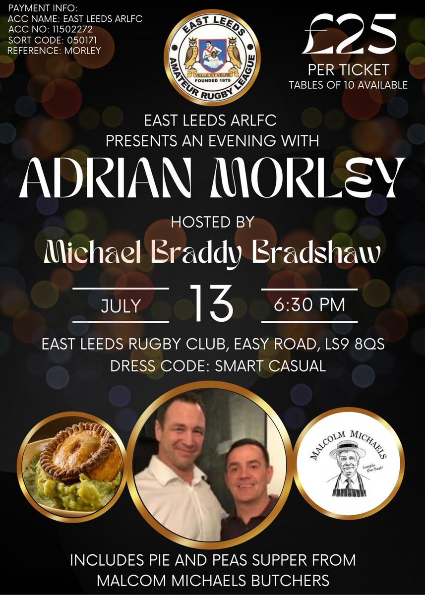 EastLeedsRL1sts's tweet photo. Quality event incoming at Easy Rd, please enquire for tickets as they are selling fast⏰️ 

Thank you to @sportingimage_ for sorting and hosting the event🎤 Also thank you to @no1leedsbutcher for supplying the food🥧

You wont get better value for £25! Don't miss out 🎉 https://t.co/4lDxOa0G47