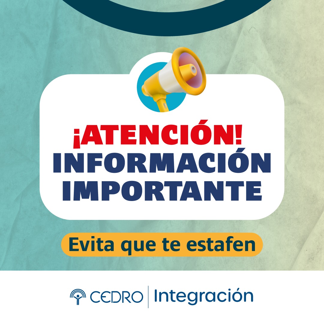 cedrointegra's tweet photo. ¡Ojo! 👀👀

👇👇👇

En CEDRO no cobramos por ninguno de los servicios ofrecido en nuestro Programas d Integración.

Nuestros Programas son #GRATUITOS, no permitas que nadie te cobre por participar 🚫 https://t.co/ynEGKaEriE