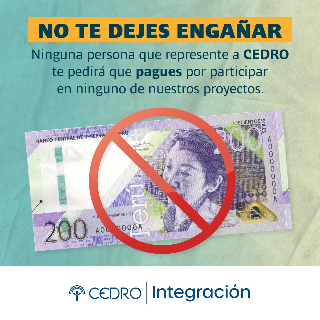 cedrointegra's tweet photo. ¡Ojo! 👀👀

👇👇👇

En CEDRO no cobramos por ninguno de los servicios ofrecido en nuestro Programas d Integración.

Nuestros Programas son #GRATUITOS, no permitas que nadie te cobre por participar 🚫 https://t.co/ynEGKaEriE