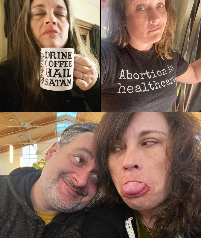 pauloap's tweet photo. Um dos motivos pelos quais Star Wars virou esse lixo:

Dave Filoni é o diretor criativo da Lucasfilm e comanda a saga

Essa é Anne Convery, sua esposa... militante de extrema esquerda, feminista e satanista

As mensagens dela:
"Beba café e louve Satanás"
"Aborto é saúde pública"