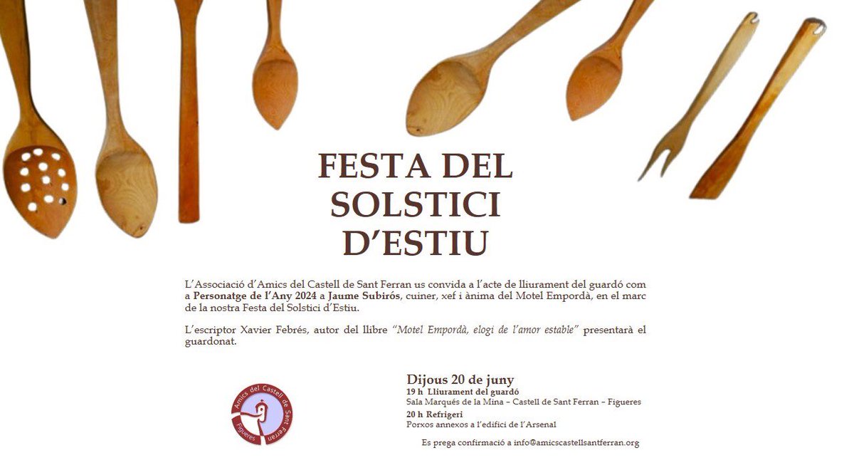 amicscastellsantferran (@amicscsf) on Twitter photo Arriba La Festa del Solstici. Enguany, s’entregarà a Jaume Subirós el premi de Personatge de l’Any, presentat per Xavier Febrés, autor del recent llibre sobre el reconegut xef i el seu Motel Empordà.
Us hi esperem!
(Es prega confirmació a info@amicscastellsantferran.org) Arriba La Festa del Solstici. Enguany, s’entregarà a Jaume Subirós el premi de Personatge de l’Any, presentat per Xavier Febrés, autor del recent llibre sobre el reconegut xef i el seu Motel Empordà.
Us hi esperem!
(Es prega confirmació a info@amicscastellsantferran.org)
