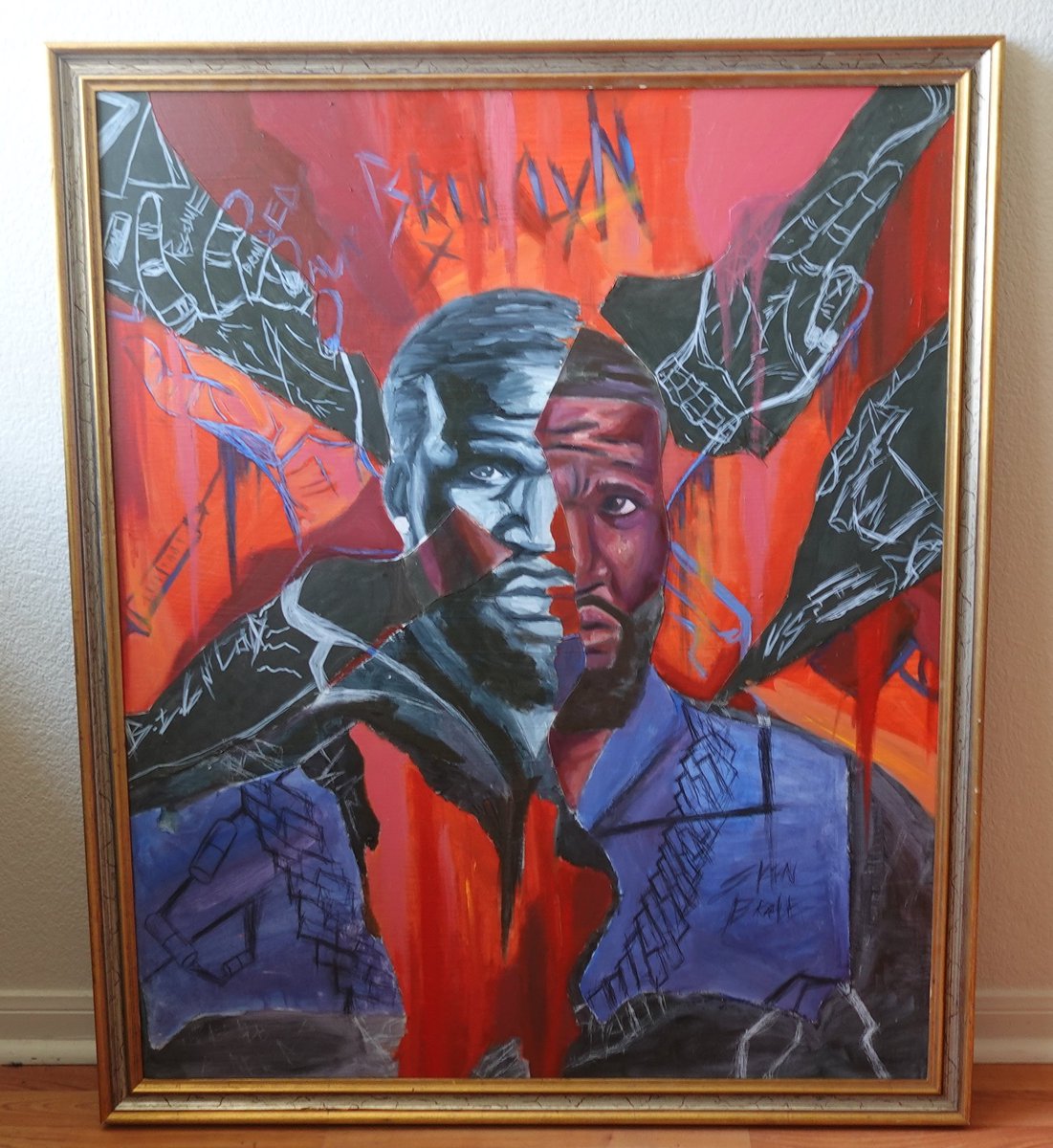 Vixletnotpurple's tweet photo. Had to frame this mug for a exhibition 

@BrooklynHanz 

#portrait #oilpainting #art #battlerap #url #collage #blackart https://t.co/2wEsoChbw2