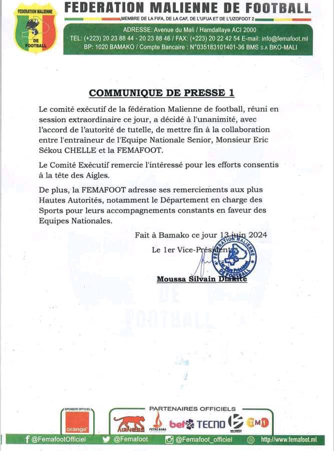ÉCRIC CHELLE EST VIRÉ 😱!
Le Comité Exécutif de la Fédération Malienne de Football, réuni en session extraordinaire ce jour, a décidé à l'unanimité, avec l’accord de l’autorité de tutelle, de mettre fin à la collaboration entre l'entraîneur de l'Equipe Nationale Senior !