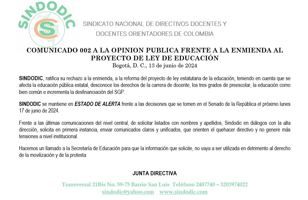 Sindodic's tweet photo. Comunicado de @Sindodic en la actual coyuntura política con referencia a la Ley estatutaria y la posición de la junta directiva orientación a los afiliados a la organización, igualmente a las orientaciones @Educacionbogota Estado de alerta !!  @Mineducacion @cutcolombia https://t.co/WVkG7bbJv3