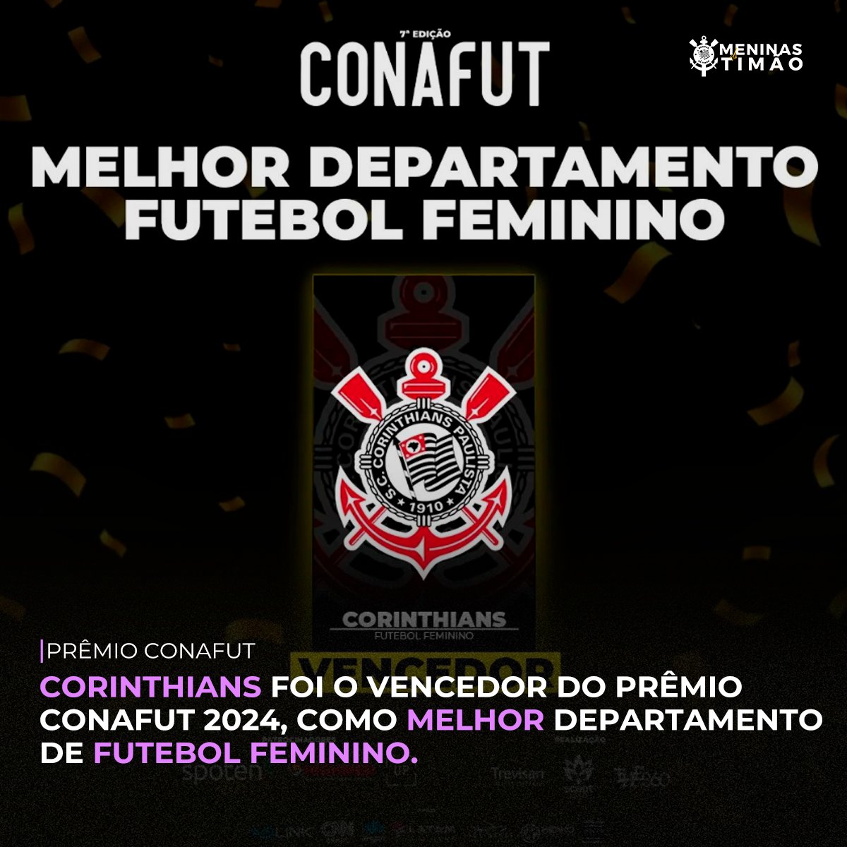 MELHOR DEPARTAMENTO DE FUTEBOL FEMININO! ♀️

Na tarde de hoje (13), pela 7ª edição da <a href="/conafut/">CONAFUT</a>, o Corinthians foi eleito como o melhor departamento de futebol feminino!

Premiação essa que o Corinthians vence pela 4ª vez consecutiva, significado de um trabalho sério e de muita