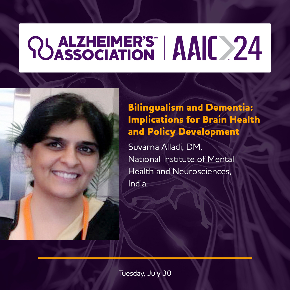 Alzheimer's Association (@alzassociation) on Twitter photo Don’t miss <a href="/alladi_suvarna/">Suvarna Alladi</a> on Tuesday, July 30 with “Bilingualism and Dementia: Implications for Brain Health and Policy Development” at the Alzheimer’s Association International Conference in Philadelphia, USA and online! Read more and register: alz.org/aaic24 Don’t miss <a href="/alladi_suvarna/">Suvarna Alladi</a> on Tuesday, July 30 with “Bilingualism and Dementia: Implications for Brain Health and Policy Development” at the Alzheimer’s Association International Conference in Philadelphia, USA and online! Read more and register: alz.org/aaic24