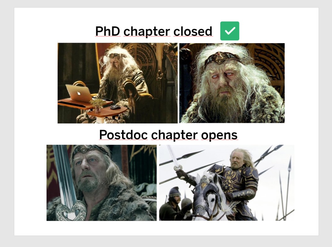 FIRST LAB MEETING AFTER GRADUATING. MY OPENING SLIDE SEEMS QUITE OKAY. 
#science #phd #LOTR