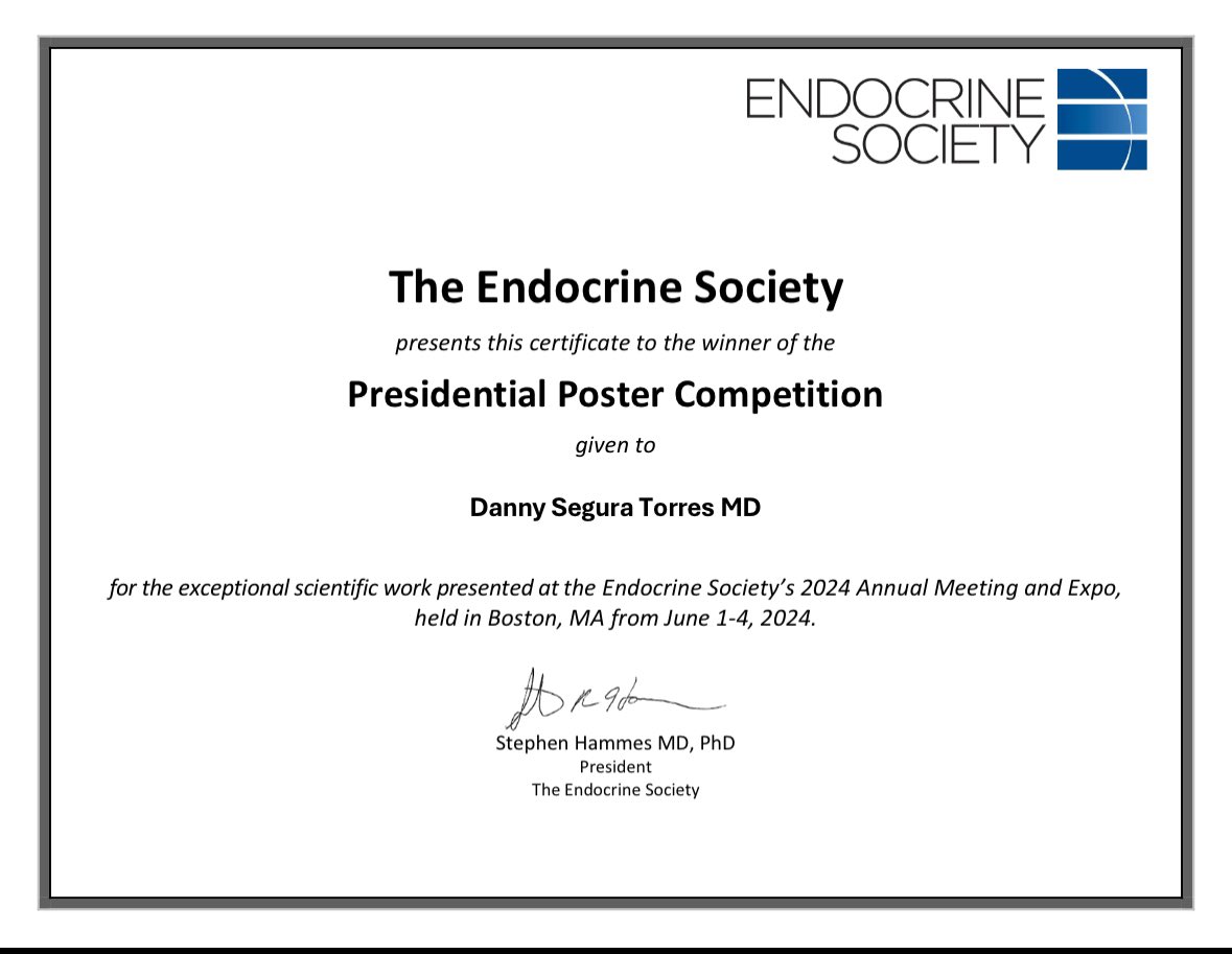 Excited to share that I won the presidential poster competition award! 🎉 A huge thank you to my mentor and my residency program for your support and guidance. This achievement wouldn’t have been possible without you <a href="/NaykkySinghO/">Naykky Singh Ospina</a>  <a href="/MontefioreNYC/">Montefiore Health System</a> <a href="/TheEndoSociety/">Endocrine Society</a>