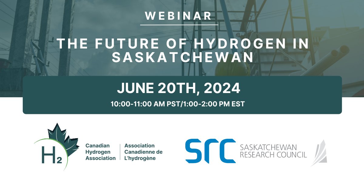 Join us June 20th at 10:00am-11:00am PST/1:00-2:00pm EST for a webinar with Saskatchewan Research Council (SRC) titled "The Future of Hydrogen in Saskatchewan: A Feasibility Study for the Regina-Moose Jaw Industrial Corridor".  
Click here to register: events.teams.microsoft.com/event/c92c6fcb…
