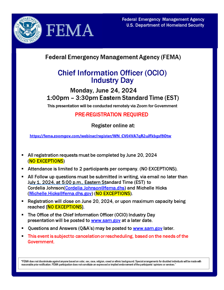 COCEPCC's tweet photo. This OCIO Industry Day Webinar will cover: • APFS Snapshot of Future Contracts • Wireline Contract • Audio Visual BPA • IT Help Desk Contract • Cyber Security Operations &amp; Control Management (Formerly SOC) Update 
Webinar Registration - Zoom (https://t.co/0uqssjsKkQ) https://t.co/GuXLF50cqz