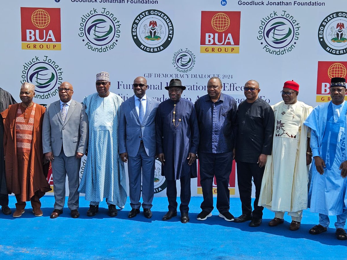PeterObi's tweet photo. Today in Benin, I joined my very Dear Elder Brother and Former President of Nigeria, H. E. Goodluck Ebele Jonathan @GEJonathan and his wife, Patience Jonathan, at the 2024 Democracy Day Dialogue, organised by The Goodluck Jonathan Foundation. https://t.co/6Ap0V9adgA
