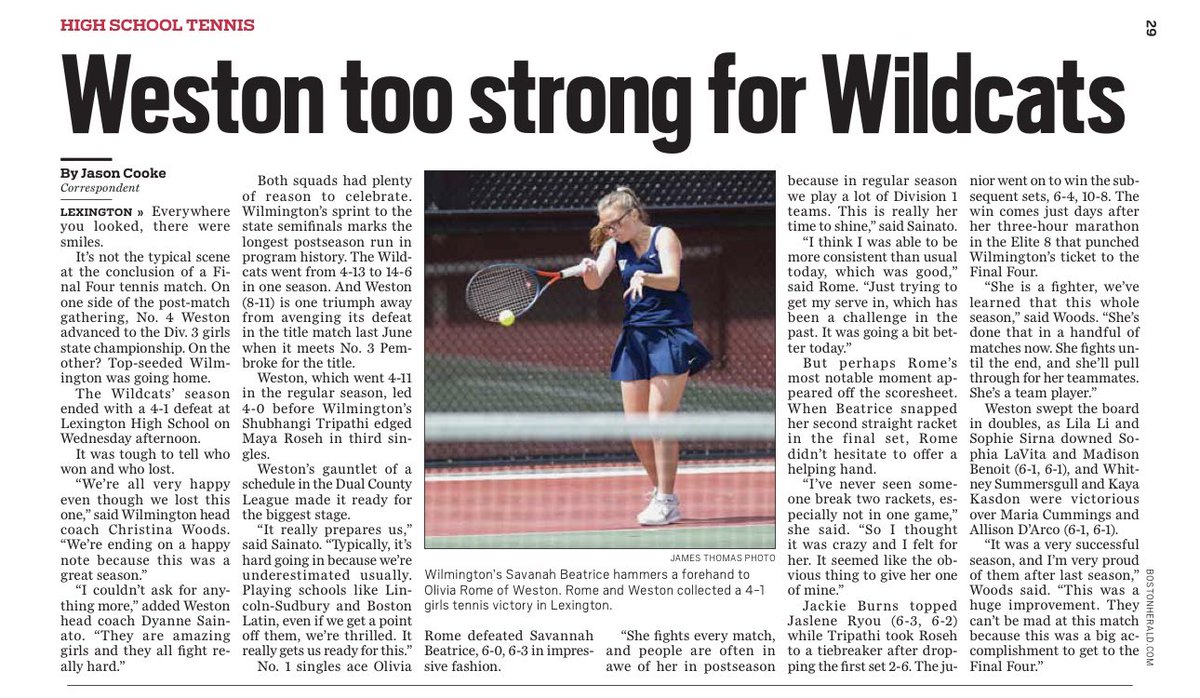 cookejournalism's tweet photo. 🗞️In today’s Boston Herald🗞️

Read why Wilmington is still smiling after their Final Four defeat on the Div. 3 girls tennis courts: https://t.co/MmATjfZ4fn