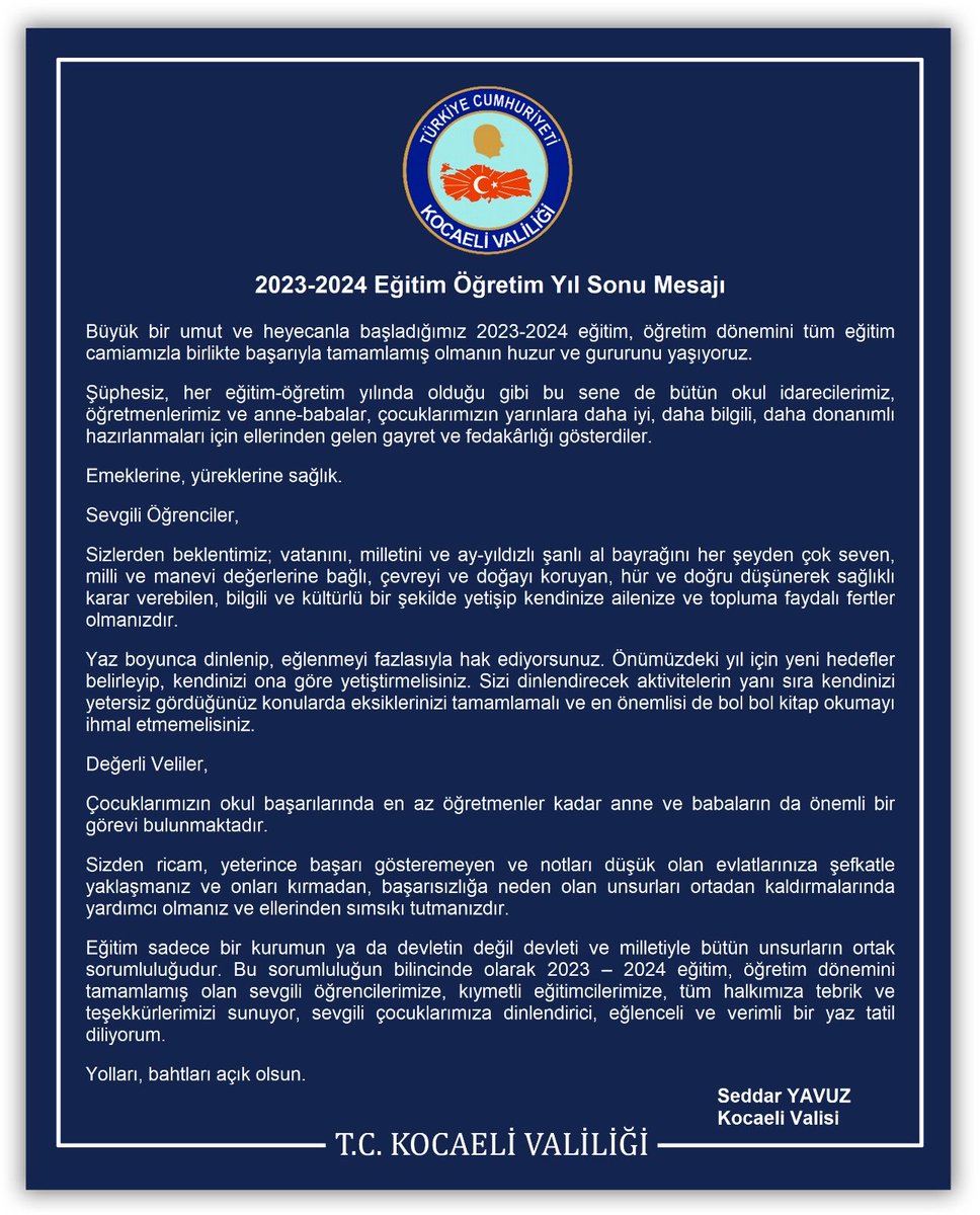 2023 / 2024 Eğitim ve Öğretim Yılını tamamlamış bulunuyoruz. 
Geleceğimizin teminatı çocuklarımıza iyi tatiller diliyorum.

Öğrencilerimize emek veren kıymetli öğretmenlerimize ve velilerimize teşekkür ediyorum.
