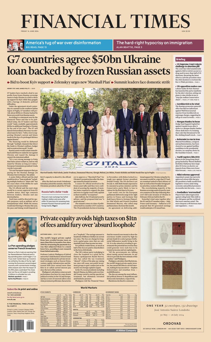 FT's tweet image. Just published: front page of the Financial Times, international edition, Friday 14 June on.ft.com/4b0joo3