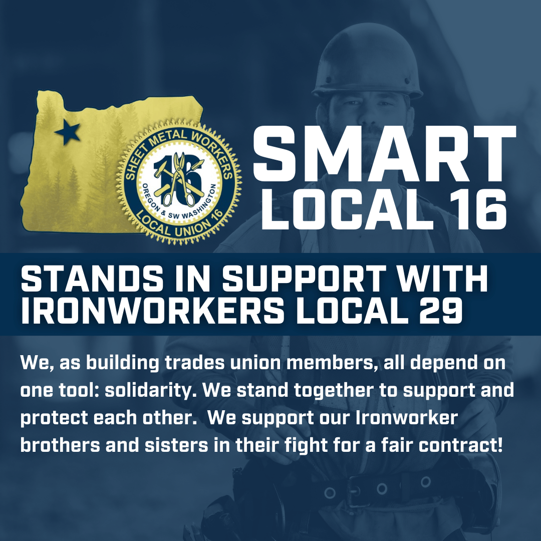 SMARTLocal16's tweet photo. SMART Local 16 is proud to stand strong with Ironworkers Local 29 in their fight for a fair contract.
Let's keep the momentum going!
#local29 #ironworkers #solidarity #unionstrong #strongertogether #smartunion #smartnwrc #smartlocal16 #smw16 https://t.co/3s7De0lsqB