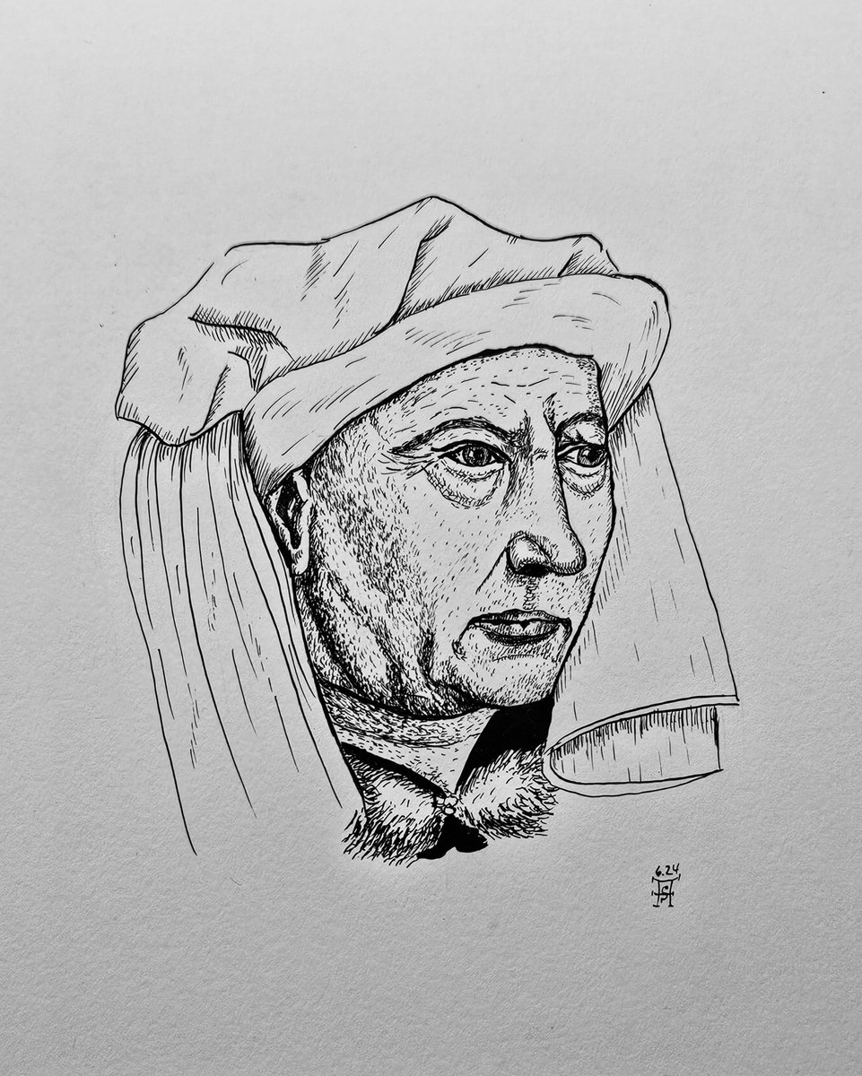Here for #PortraitChallenge my ink version of Monsieur Barthelemy Alatruye, original by Robert Campin, 1425 #artshare #ArtistOnTwitter #inkdrawing #penandink #art #ink #inkdrawing