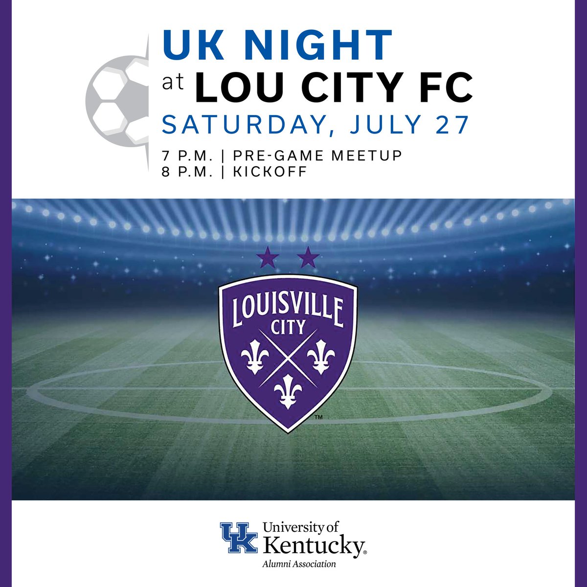ukalumnilou's tweet photo. Join us for UK Night at @louisvillecityfc!

Enjoy $5 food vouchers and discounted tickets starting at $13 for the first 100 sold.

Match at 8 pm, meet-up at the Corner Bar in the stadium at 7 p.m.

Get Your tickets today! https://t.co/QEccH880dO https://t.co/lSB8bYv2b1
