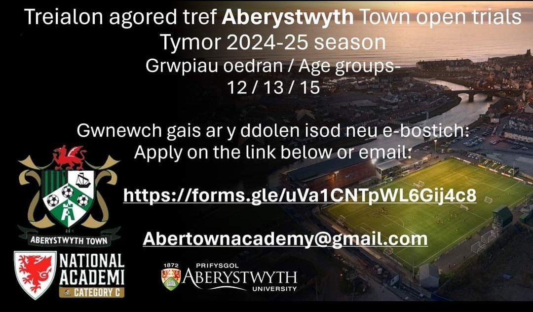 Aberystwyth Town Football club Foundation (@abertownacademy) on Twitter photo Treialon agored tref Aberystwyth Town open trials
Tymor 2024-25 season
Grwpiau oedran / Age groups-12 / 13 / 15
Gwnewch gais ar y ddolen isod neu e-bostich:
Apply on the link below or email:
forms.gle/uVa1CNTpWL6Gij…
Abertownacademy@gmail.com Treialon agored tref Aberystwyth Town open trials
Tymor 2024-25 season
Grwpiau oedran / Age groups-12 / 13 / 15
Gwnewch gais ar y ddolen isod neu e-bostich:
Apply on the link below or email:
forms.gle/uVa1CNTpWL6Gij…
Abertownacademy@gmail.com
