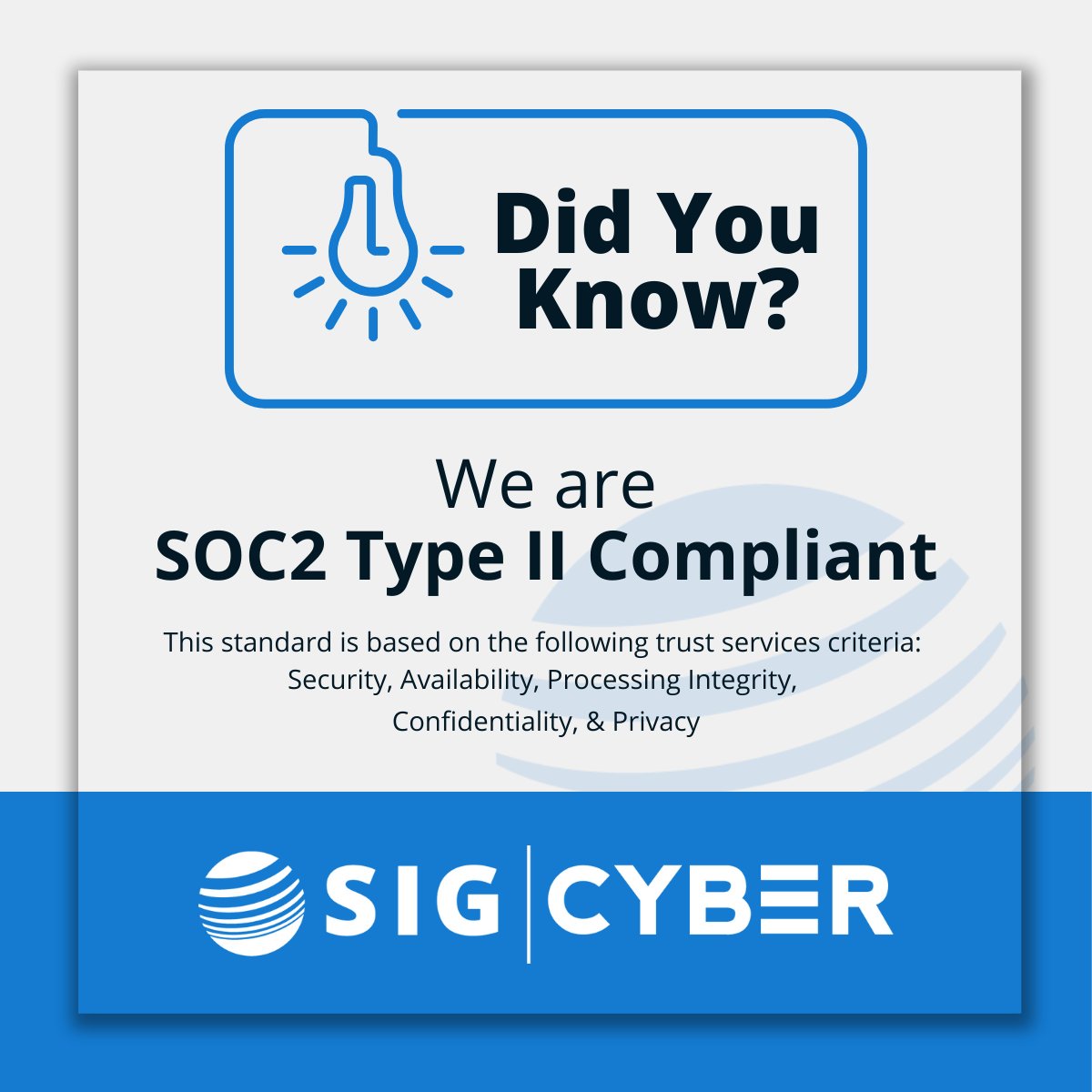 SIGCorpLIVE's tweet photo. We are SOC2 Type II Compliant.   Developed by the American Institute of Certified Public Accountants or #AICPA, this affirms that we process client data in a secure manner.   Learn more about our experience and expertise with #SIGCyber 👉https://t.co/LK7Z1toY8U https://t.co/EpQmV5tId3